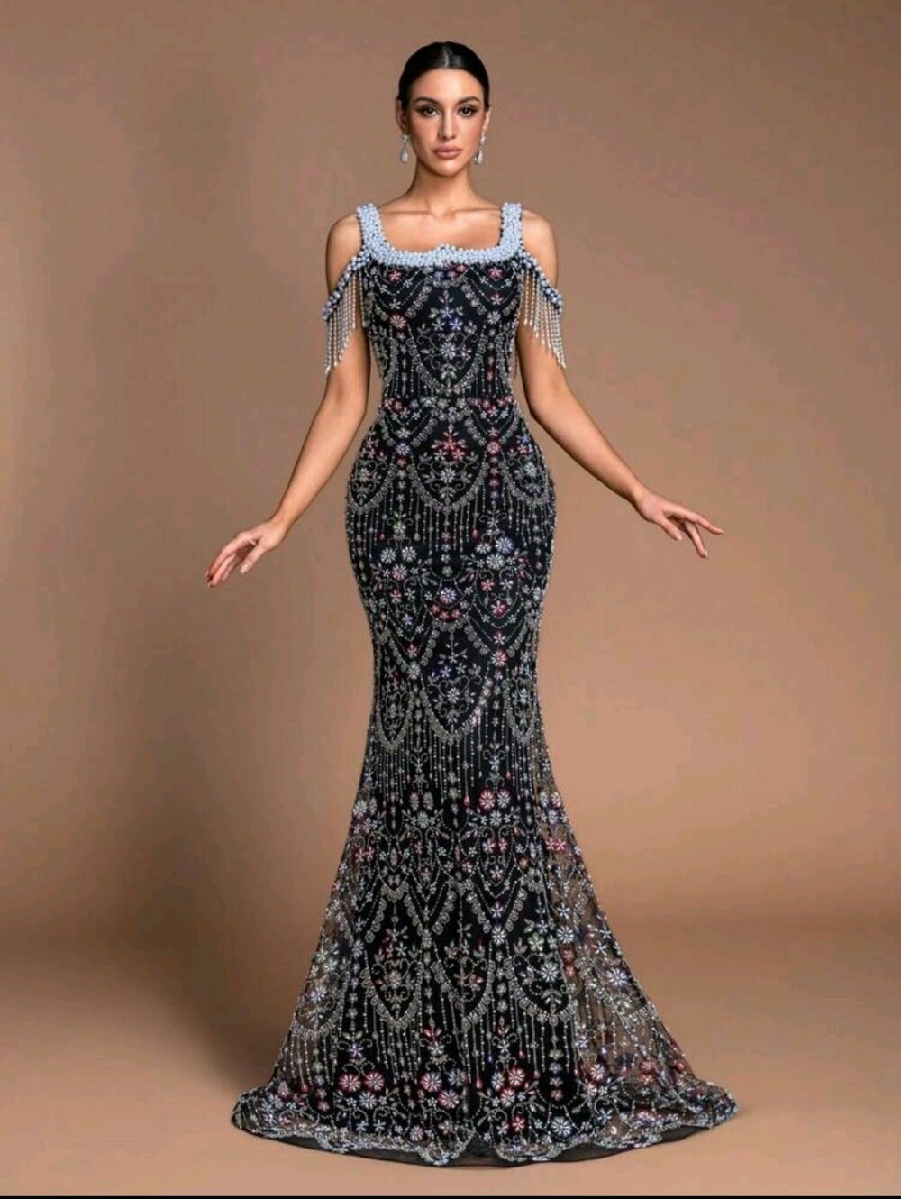 Embellished Black Evening Gown with Beaded Fringe